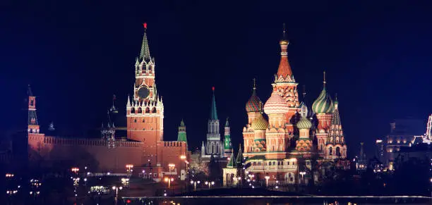 St.Basil Cathedral and Moscow Kremlin at night.