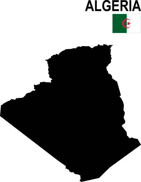 Vector illustration of Black basic map of Algeria with flag against white background