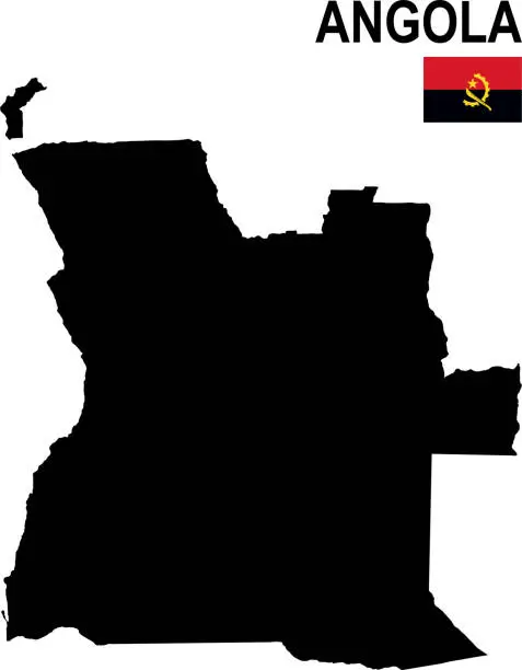 Vector illustration of Black basic map of Angola with flag against white background