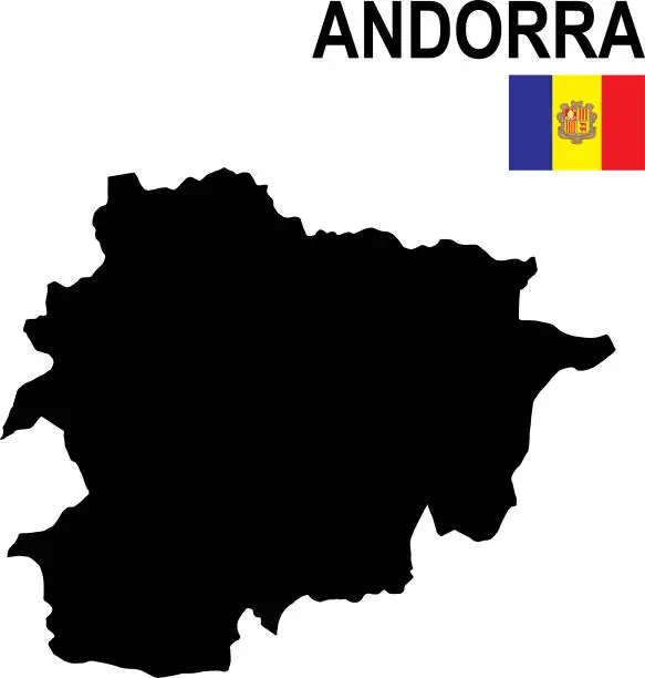 Vector illustration of Black basic map of Andorra with flag against white background