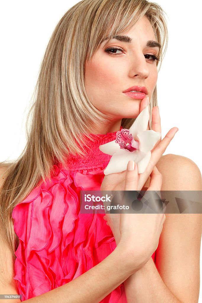 美しいブロンドの女の子、蘭の花 backgr 白で分離 - 1人のロイヤリティフリーストックフォト