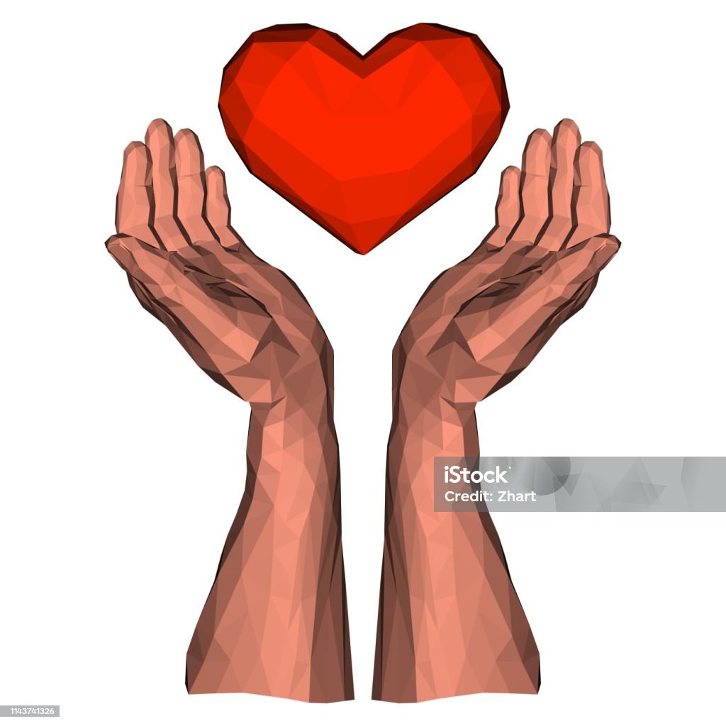 Soaring polygonal heart in two low poly hands Soaring polygonal heart in two low poly hands as sign of healthy medicine and romantic love A Helping Hand stock vector