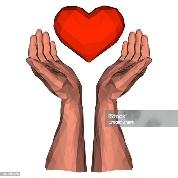 Soaring Polygonal Heart In Two Low Poly Hands Stock Illustration - Download Image Now - A Helping Hand, Arm, Assistance