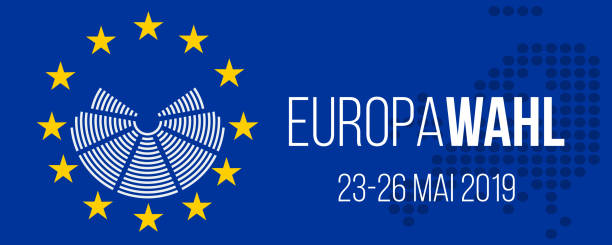 europawahl 23-26 mai 2019 - wybory europejskie 23-26 maja 2019 r. niemiecki plakat wektorowy - european parliament government flag europe stock illustrations