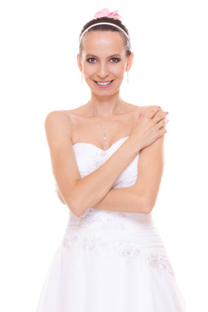 istock Attractive pretty bride in white wedding dress. 1143751090