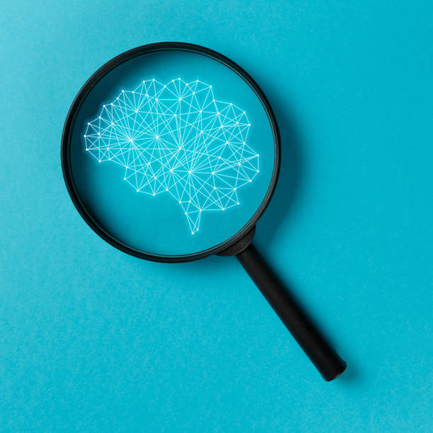 istock Concept smart search. Searching information data on internet networking concept. AI(Artificial Intelligence) and Neural network. Magnifying glass on blue background. New minimal creative concept 1143751213