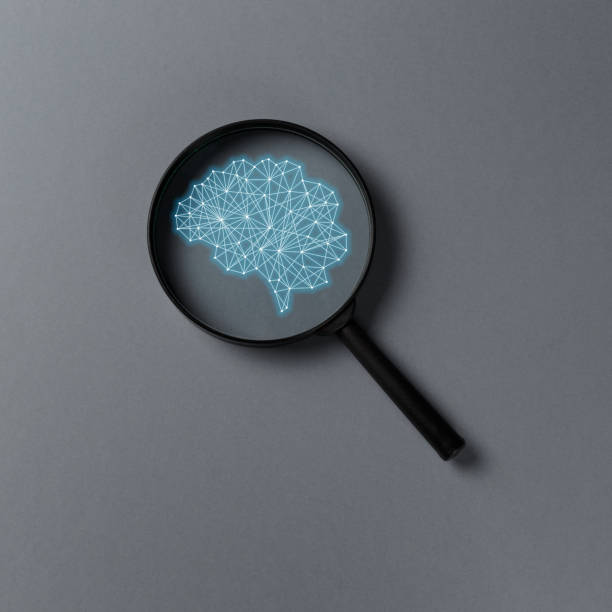 istock Concept smart search. Searching information data on internet networking concept. AI(Artificial Intelligence) and Neural network. Magnifying glass on grey background. New minimal creative concept 1143753425