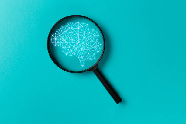 istock Concept smart search. Searching information data on internet networking concept. AI(Artificial Intelligence) and Neural network. Magnifying glass on blue background. New minimal creative concept 1143753676