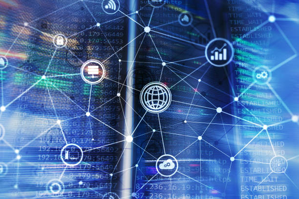 istock ICT - information and telecommunication technology and IOT - internet of things concepts. Diagrams with icons on server room backgrounds. 1143754727