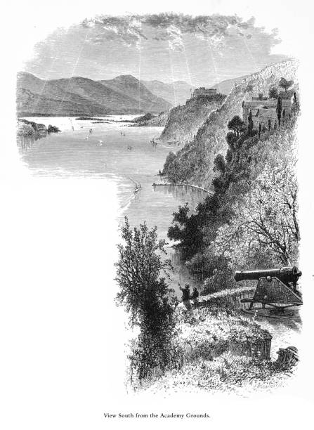 ilustrações, clipart, desenhos animados e ícones de west point no rio hudson, vista da academia grounds, nova iorque, estados unidos, american victorian engraving, 1872 - battery status