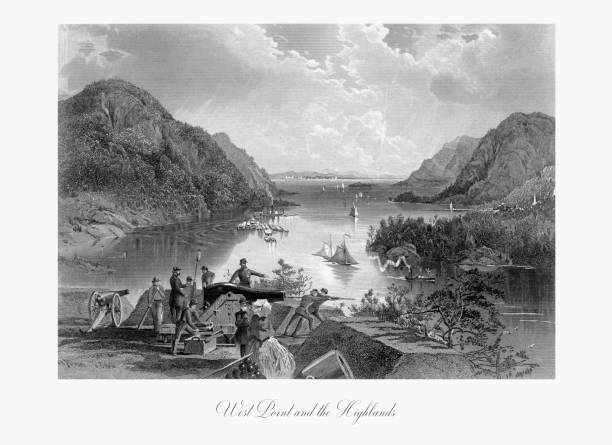 ilustrações, clipart, desenhos animados e ícones de west point e as highlands on the hudson river, nova iorque, estados unidos da américa, gravura do victorian americano, 1872 - battery status