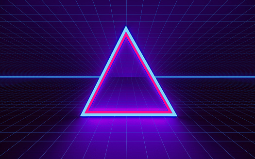 Triangle shape and grid pattern forming new retro background. Horizontal composition with copy space.