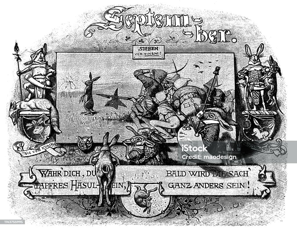 September design with hares and fairy tale - 1896 Black And White stock illustration