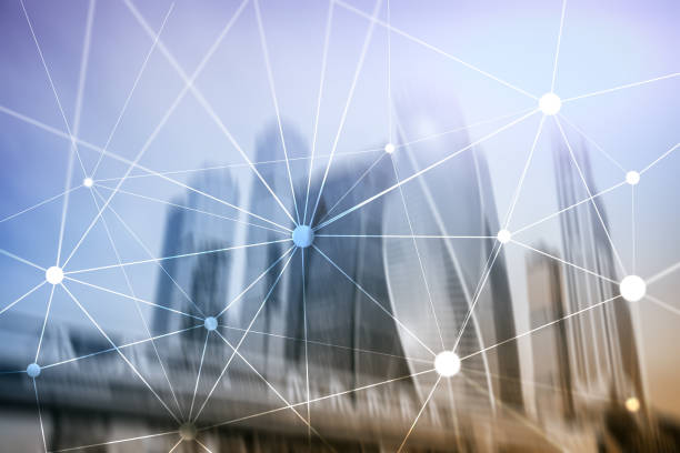 istock Blockchain network on blurred skyscrapers background. Financial technology and communication concept. 1143756748