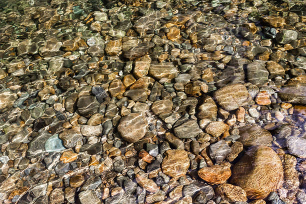 Stones in mountain river under water stock photo