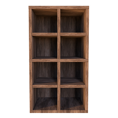 antigua caja de madera con estantes, compartimentos o cajón, vacío, para el almacenamiento de libros, zapatos y ropa, aislado sobre fondo blanco photo