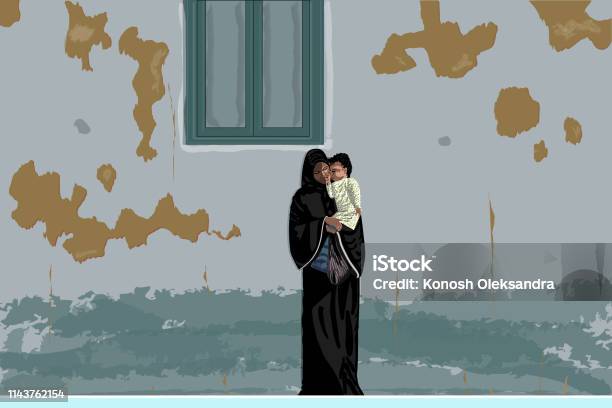 아라비아의 어머니에 검정 아바 야과 히 잡와 작은 아기에 그녀의 손에 초라한 벽 이집트 난민에 대한 스톡 벡터 아트 및 기타 이미지 - 난민, 여자, 아이