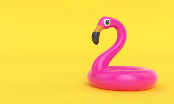 Inflatable flamingo on yellow background, Summer banner concept, 3d rendering