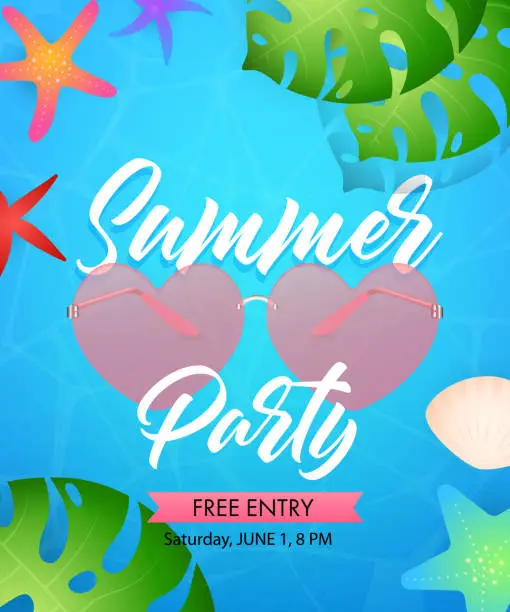 Vector illustration of Summer Party lettering with heart shaped glasses