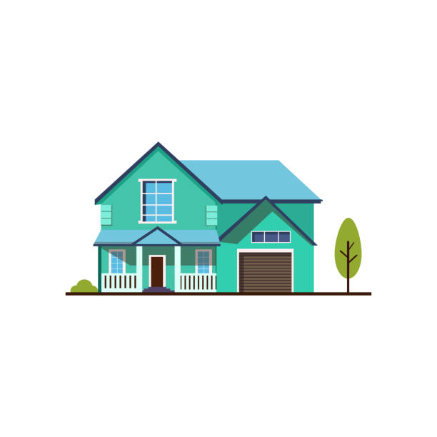 Green house with garage and porch vector illustration Green house with garage vector illustration. Home, countryside, country mansion. Suburban houses concept. Vector illustration can be used for topics like architecture, construction, building garage clipart stock illustrations