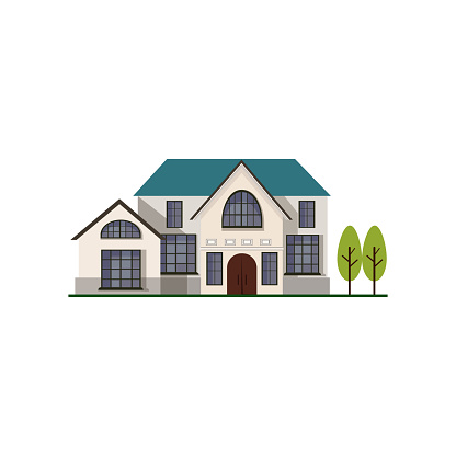 Old-fashioned two story house vector illustration. Mansion, estate, home. Suburban houses concept. Vector can be used for topics like architecture, construction, building