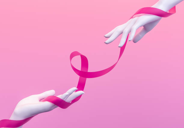 concept de charité, maintenez le geste de main aidant, ruban rose connecte les mains blanches, fond de sensibilisation de cancer du sein - octobre photos et images de collection
