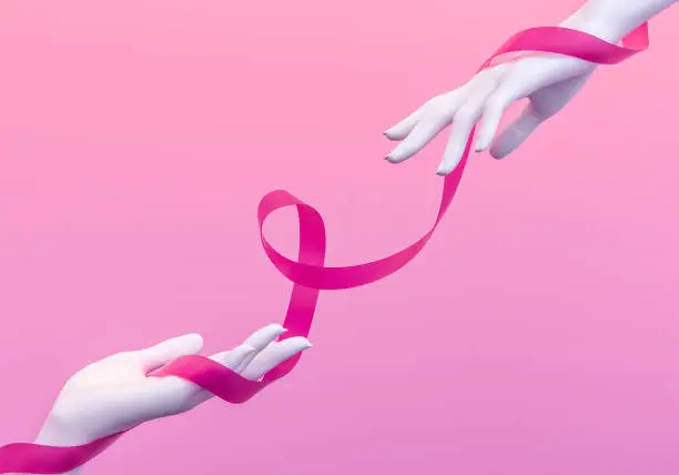 Photo of Charity concept, hold out helping hand gesture, pink ribbon connects white hands, breast cancer awareness background