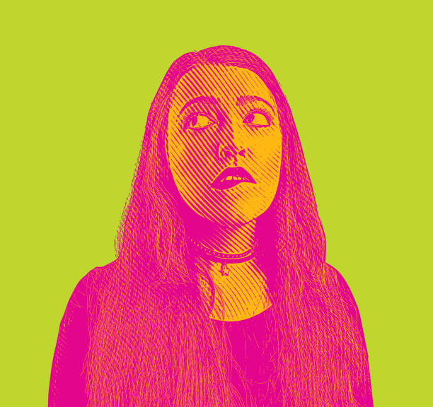 Young woman with confused facial expression Engraving vector of a Young woman with confused facial expression biting lip stock illustrations