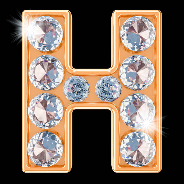 다이아몬드가 세팅된 골든 레터 h. 검정색 배경에 고립 된 3d 렌더링 - letter h alphabet metal three dimensional shape 뉴스 사진 이미지