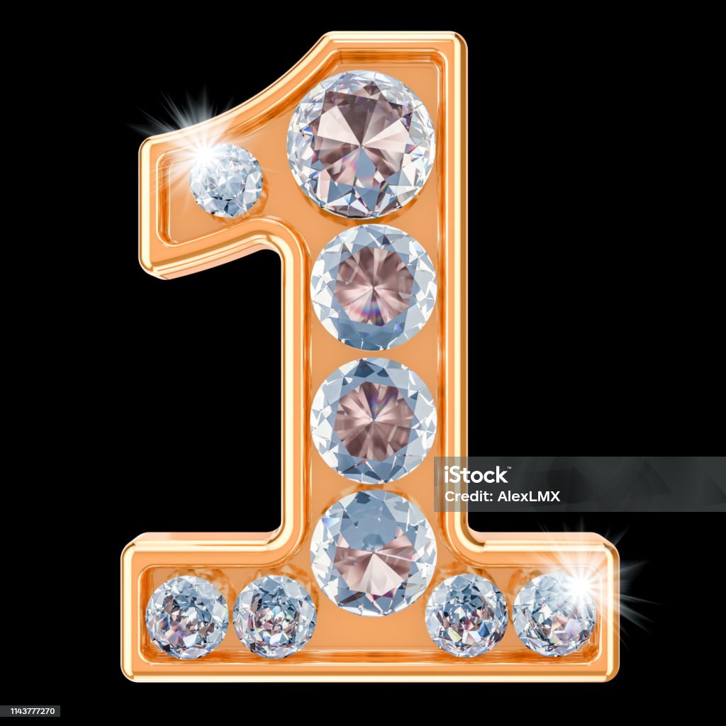 Golden Number 1 With Diamonds 3d Rendering Isolated On Black Background