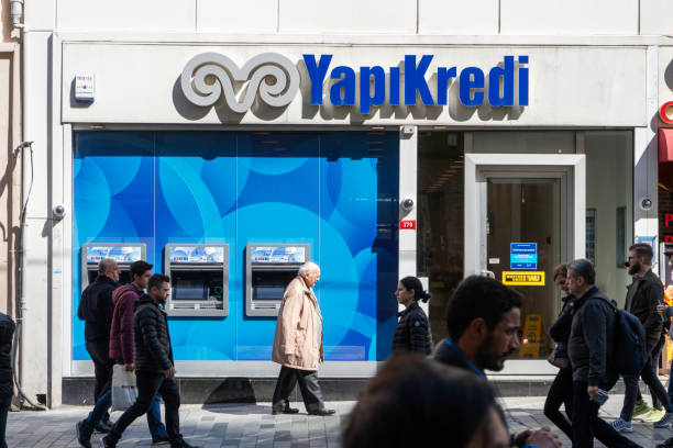 Yapi ve Kredi Bankasi AS Bank branch on Taksim Square in Istanbul, stock photo