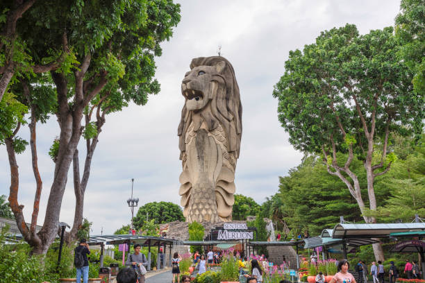 The 37 metres tall merlion sculpture is a landmark of Sentosa Island in Singapore.