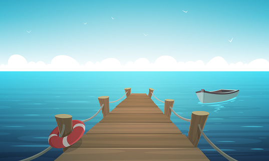 Cartoon illustration of the wooden pier with ropes, life-buoy and boat in the ocean.
