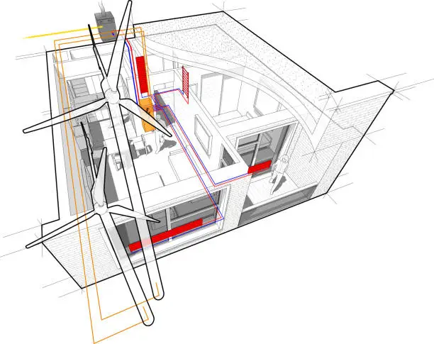 Vector illustration of Apartment diagram with floor heating and gas water boiler and connected to the wind turbines