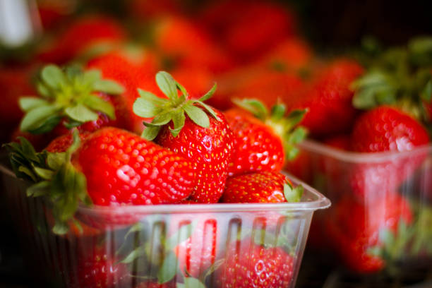 istock Fresh strawberry in plastic box at market 1143788111