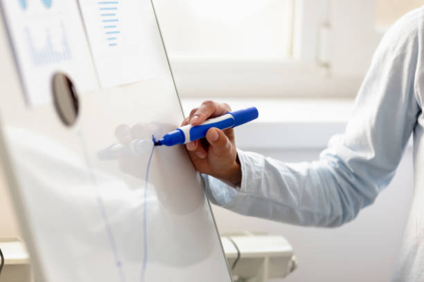 istock Close up businesswoman drawing chart on white board, making presentation 1143790796