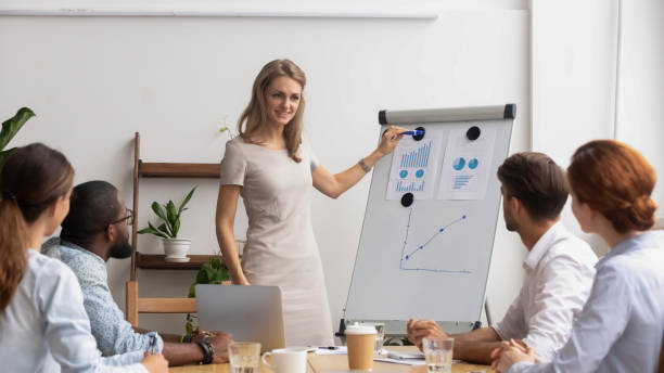 istock Confident businesswoman presenting project results on whiteboard 1143790802