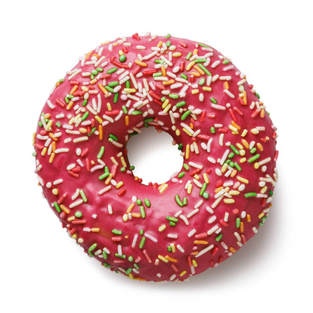 istock Fresh strawberry donut isolated on white background, top view 1143795724