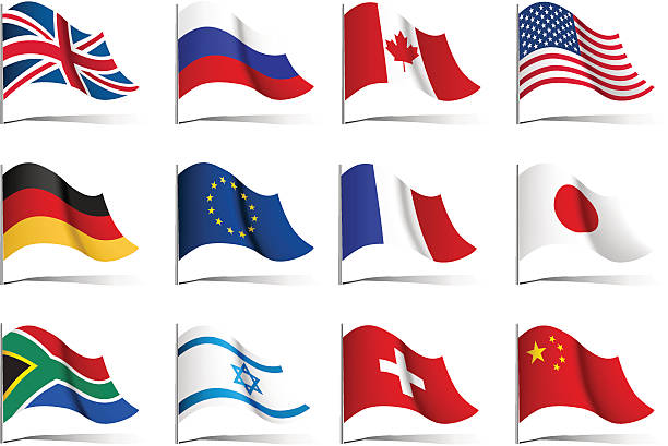 ilustraciones, imágenes clip art, dibujos animados e iconos de stock de conjunto de banderas de todo el mundo. - canadian flag flag national flag japan