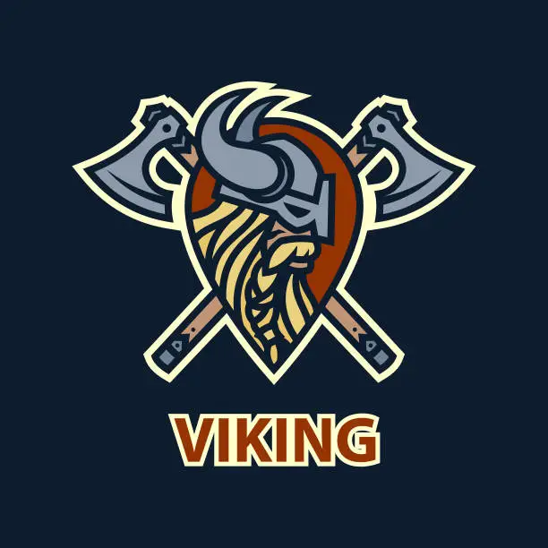 Vector illustration of Viking head in helmet with horns on shield and crossed axes - cut out vector silhouette