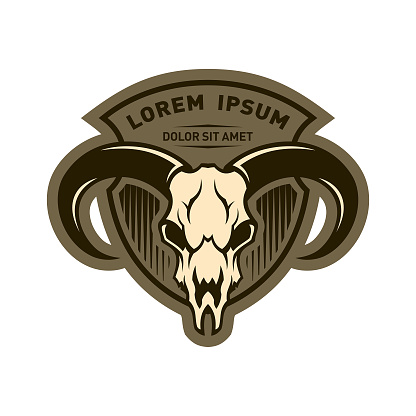Stylized skull of ram, goat or sheep on a shield - vector emblem with replaceable text part