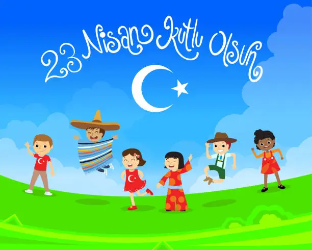 Vector illustration of 23 Nisan Ulusal Egemenlik ve Cocuk Bayrami. Turkish April 23 National Sovereignty and Children's Day.