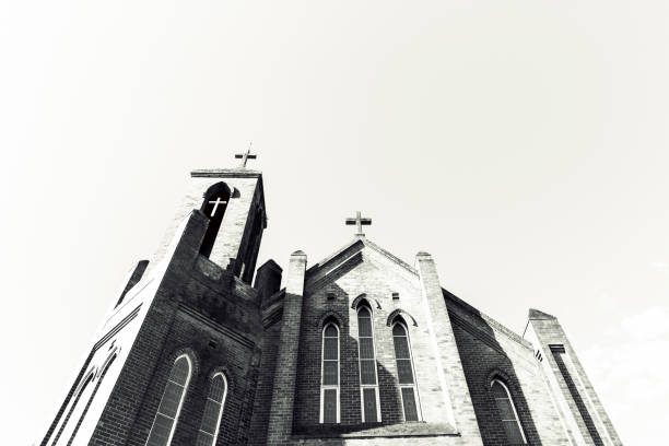 Black and white old brick church in Port Macquarie Australia, full frame horizontal composition with copy space