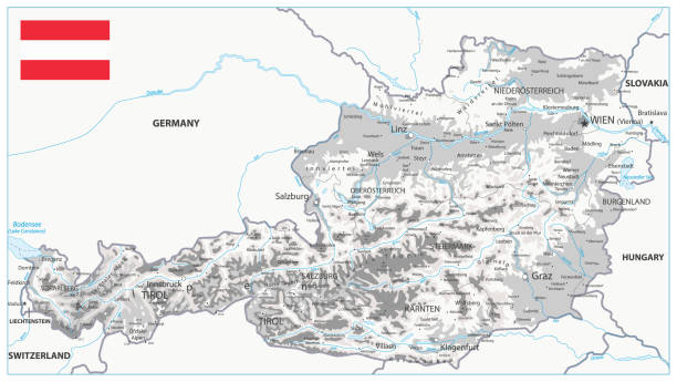 illustrazioni stock, clip art, cartoni animati e icone di tendenza di austria mappa fisica bianco e grigio - north tirol immagine