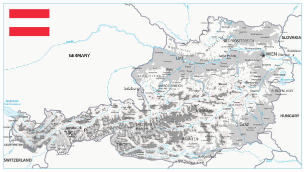 Austria Physical Map White and Grey Austria Physical Map White and Grey - Detailed map of Austria vector illustration - All elements are separated in editable layers clearly labeled. austria map stock illustrations