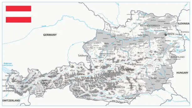 Vector illustration of Austria Physical Map White and Grey