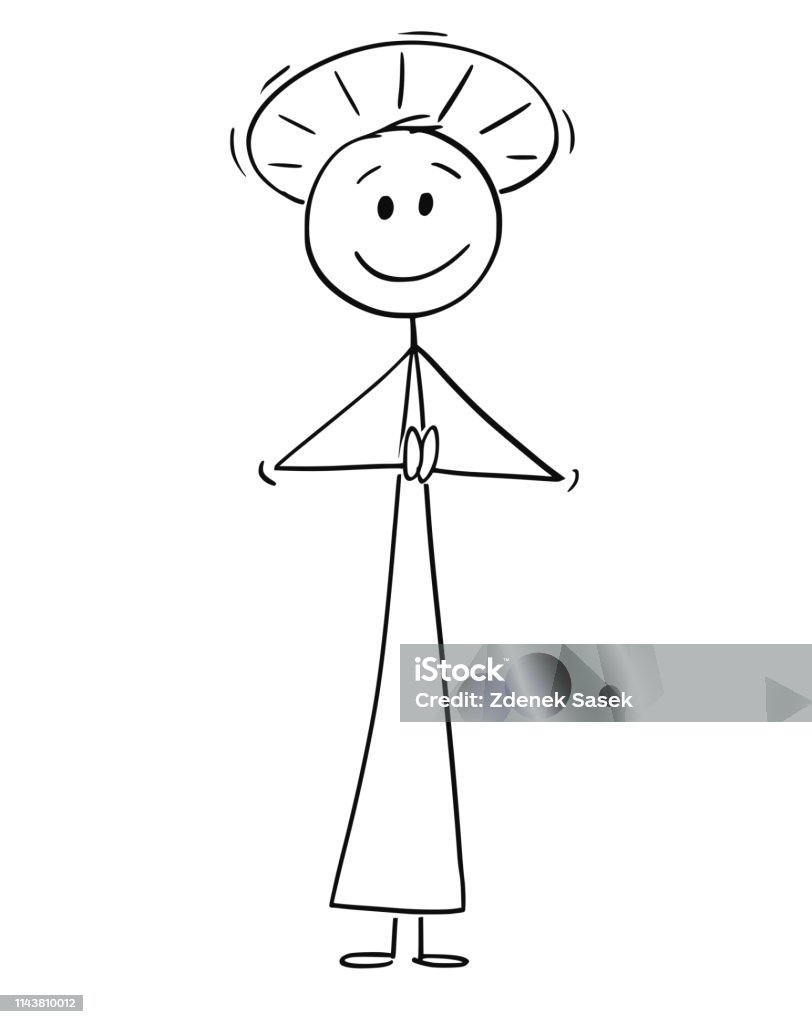 Cartoon of Smiling Holy Man with Halo Around Head Praying Cartoon stick figure drawing conceptual illustration of holy man or priest with halo around head praying with her hands. Praying stock vector