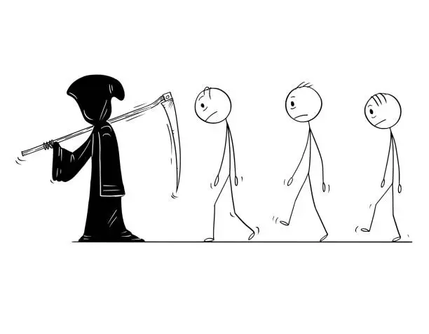 Vector illustration of Cartoon of Grim Reaper with Scythe and Black Hood and Group of Dead Men or People Following Him
