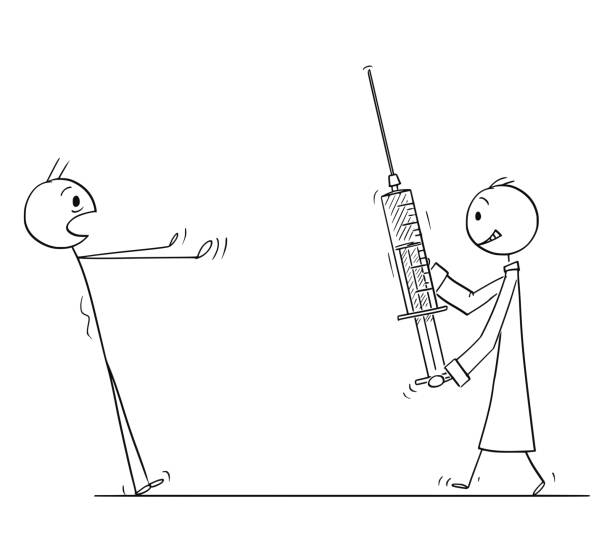 Cartoon of Man in Panic Looking at Doctor Coming with Big Injection or Syringe Cartoon stick figure drawing conceptual illustration of man stunned in panic looking at doctor coming with big injection or syringe. Concept of healthcare or vaccination. hospital humor cartoon stock illustrations