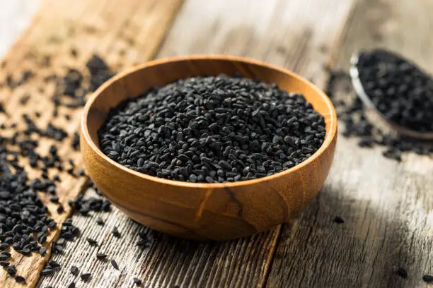 Raw Organic Black Fennel Flower Seeds in a Bowl